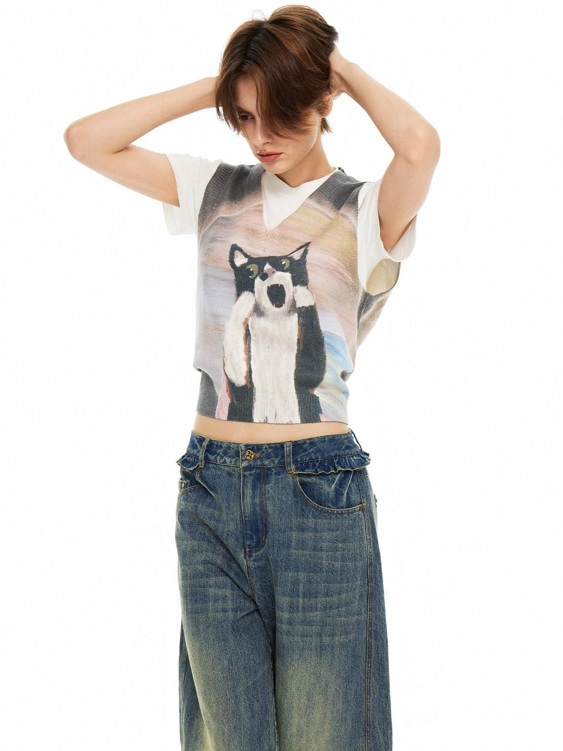 Outthe Blue Soft Acrylic Blend Office Cropped V-neck Sleeveless Animal Print Tank Tops
