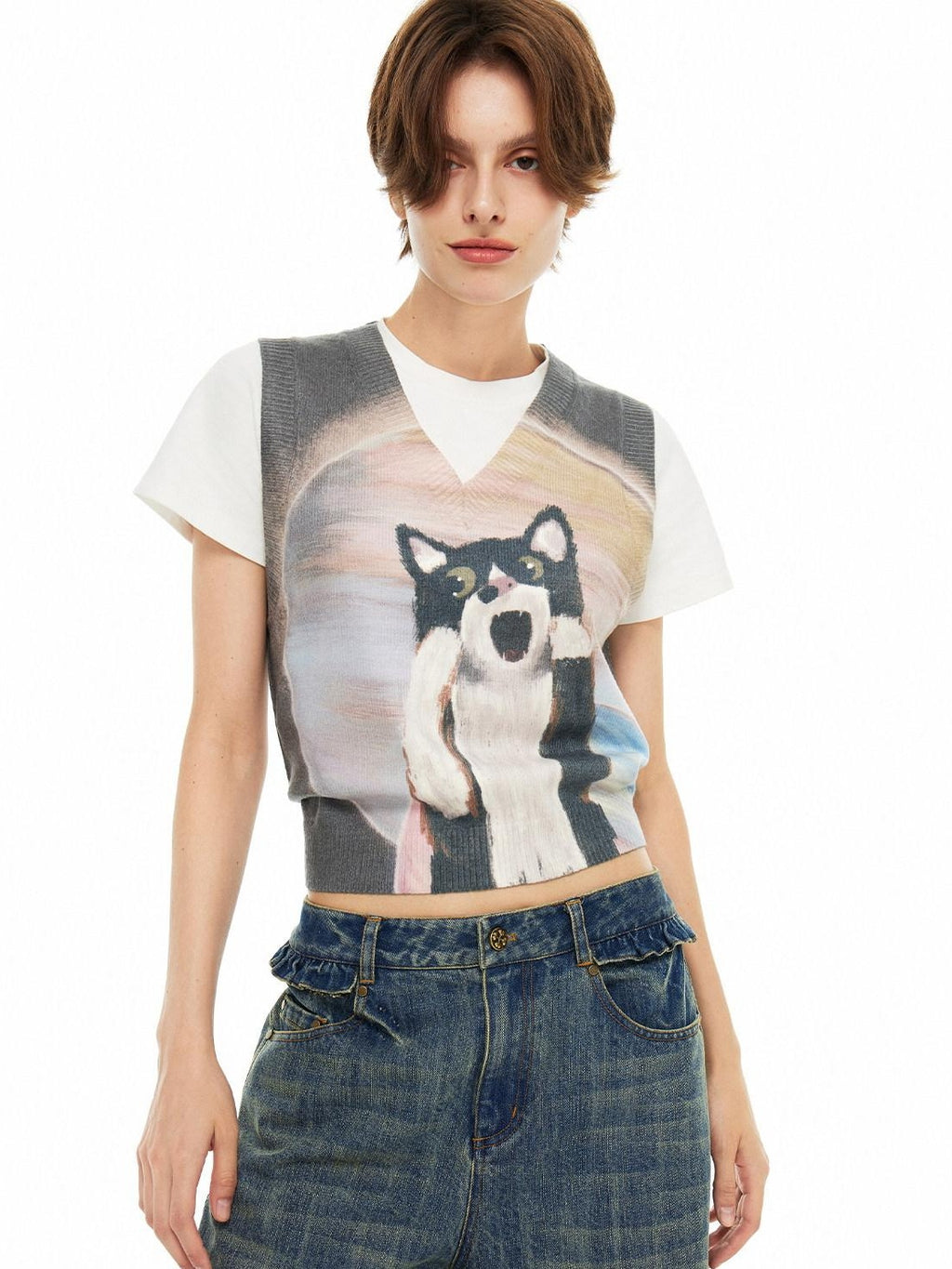 Outthe Blue Soft Acrylic Blend Office Cropped V-neck Sleeveless Animal Print Tank Tops