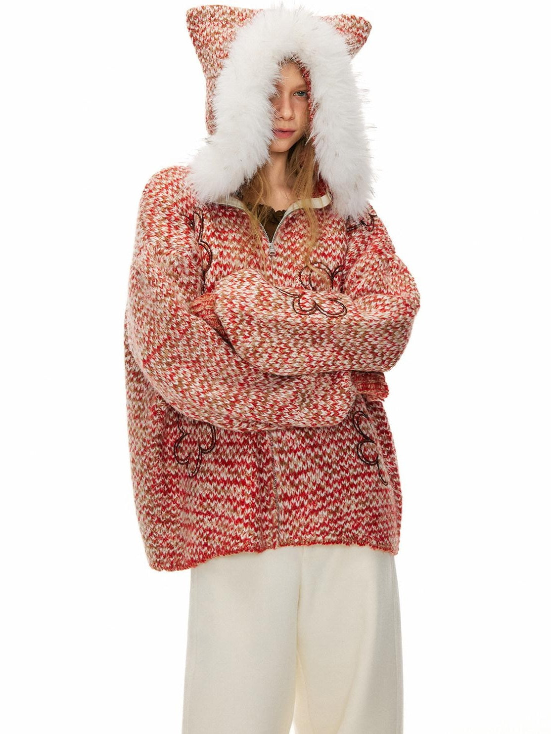 Outthe Blue Soft Acrylic Hooded Zip Up Loose Fit Commuter Women Solid Red Cardigans