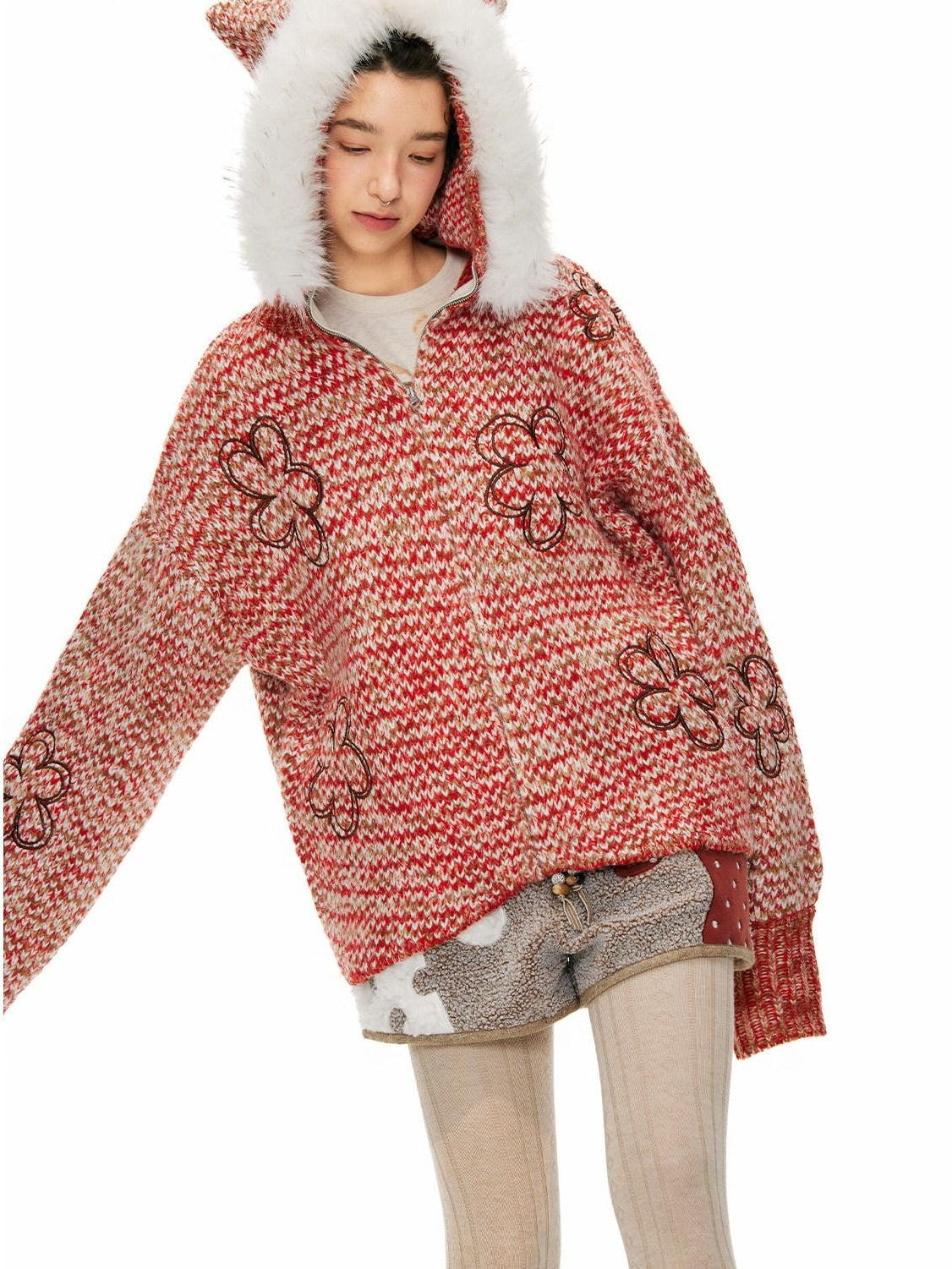 Outthe Blue Soft Acrylic Hooded Zip Up Loose Fit Commuter Women Solid Red Cardigans