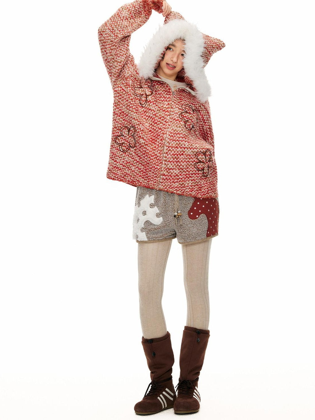 Outthe Blue Soft Acrylic Hooded Zip Up Loose Fit Commuter Women Solid Red Cardigans