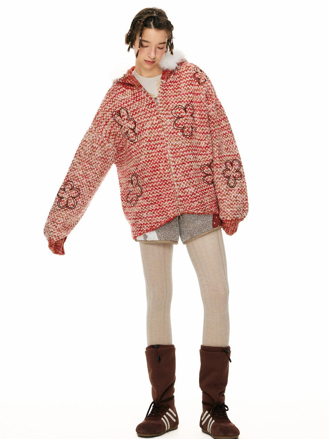 Outthe Blue Soft Acrylic Hooded Zip Up Loose Fit Commuter Women Solid Red Cardigans