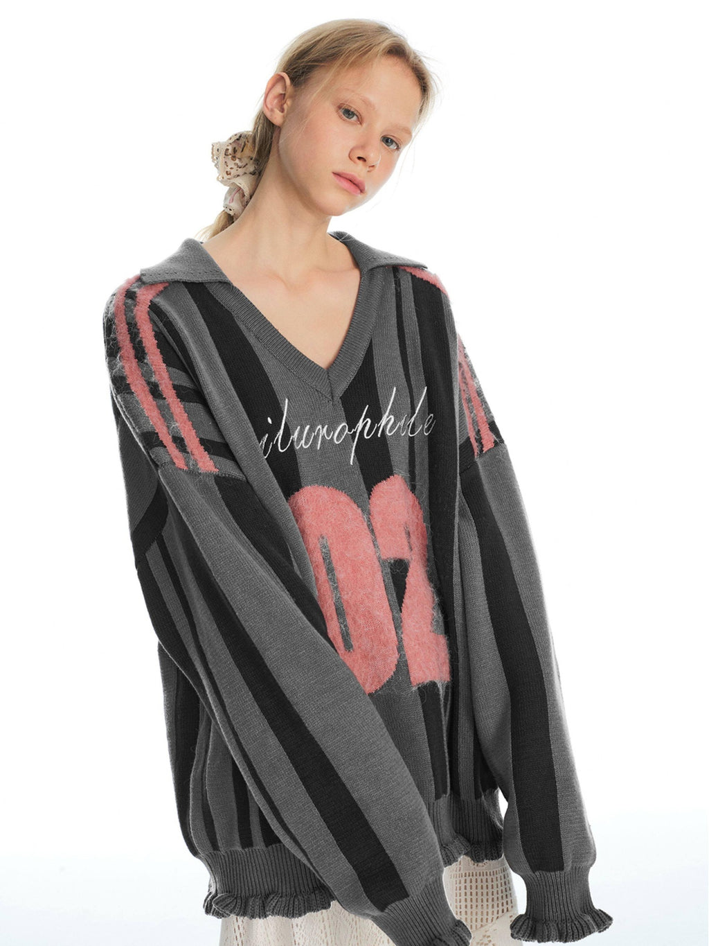Outthe Blue Soft Cotton Blend Lace Contrast V-neck Loose Casual Work Knit Sweaters