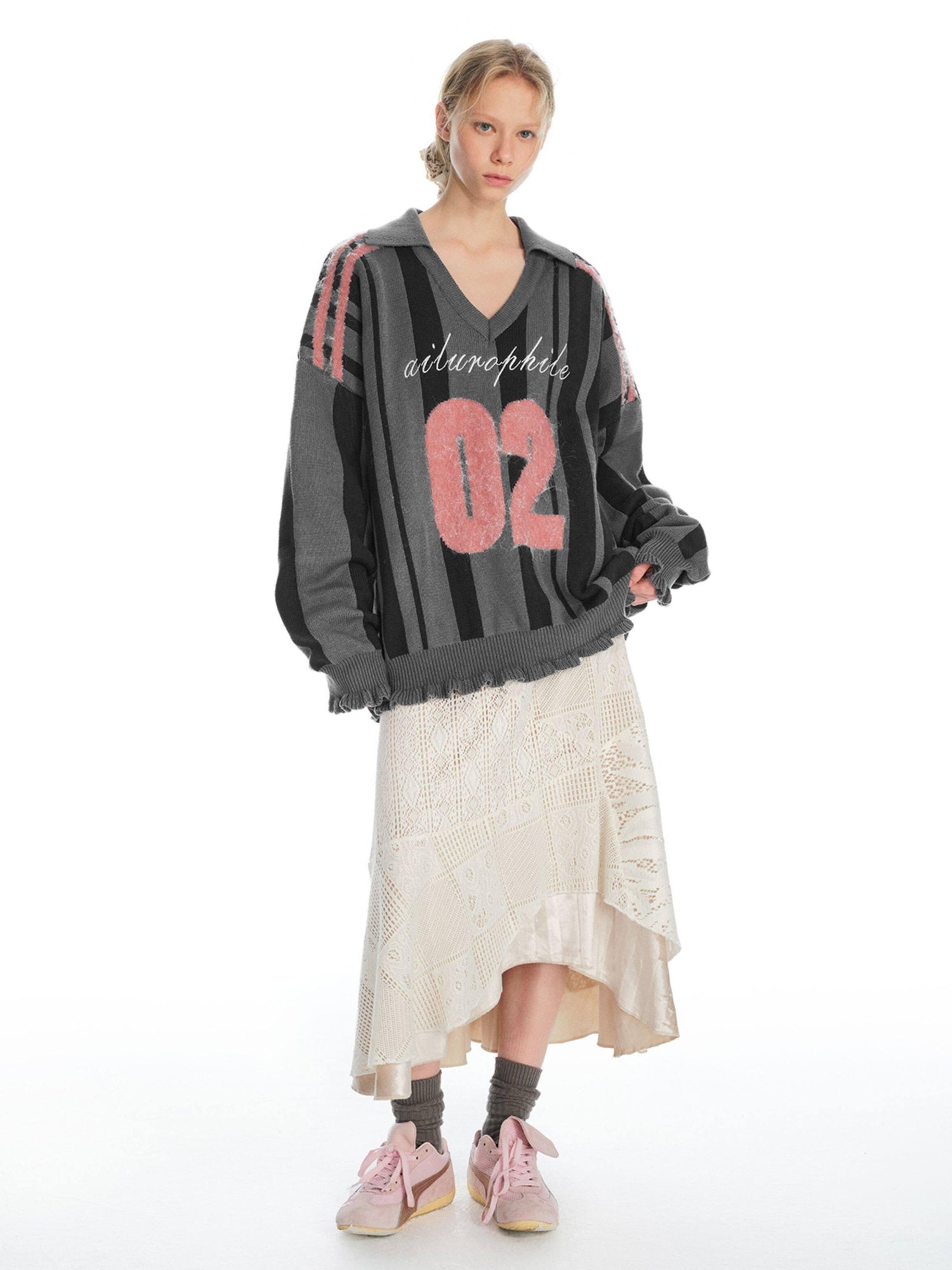 Outthe Blue Soft Cotton Blend Lace Contrast V-neck Loose Casual Work Knit Sweaters