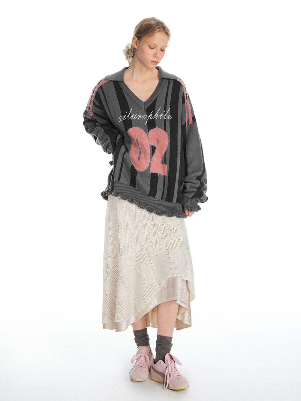 Outthe Blue Soft Cotton Blend Lace Contrast V-neck Loose Casual Work Knit Sweaters