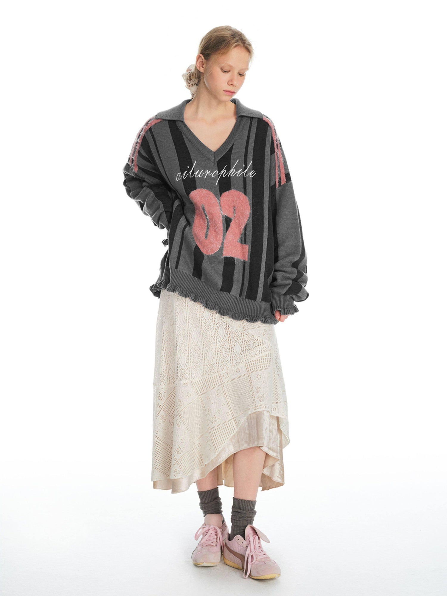 Outthe Blue Soft Cotton Blend Lace Contrast V-neck Loose Casual Work Knit Sweaters