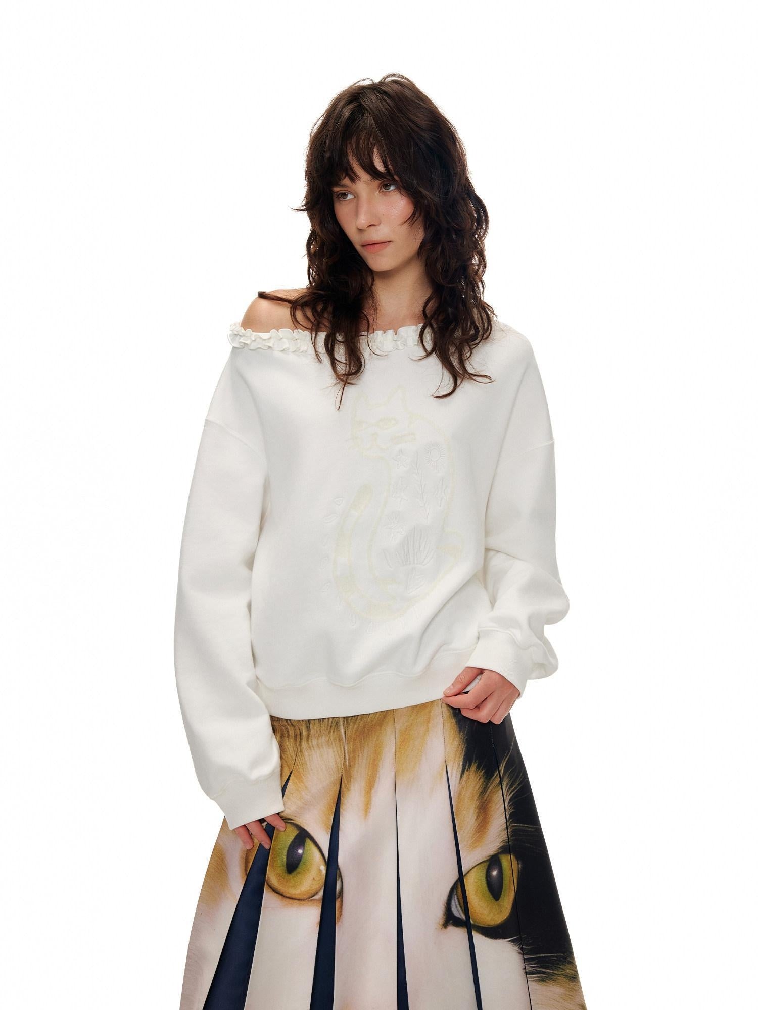 Outthe Blue Soft Cotton Blend Loose Fit Cat Silhouette Women White Long Sleeve T-Shirts