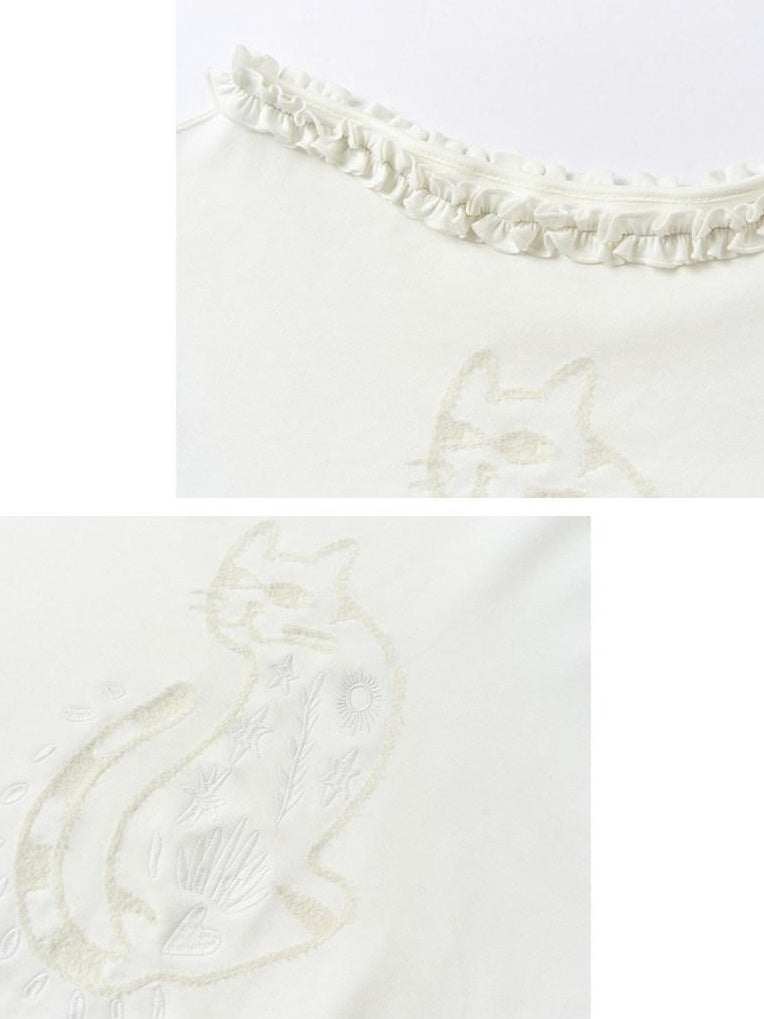 Outthe Blue Soft Cotton Blend Loose Fit Cat Silhouette Women White Long Sleeve T-Shirts