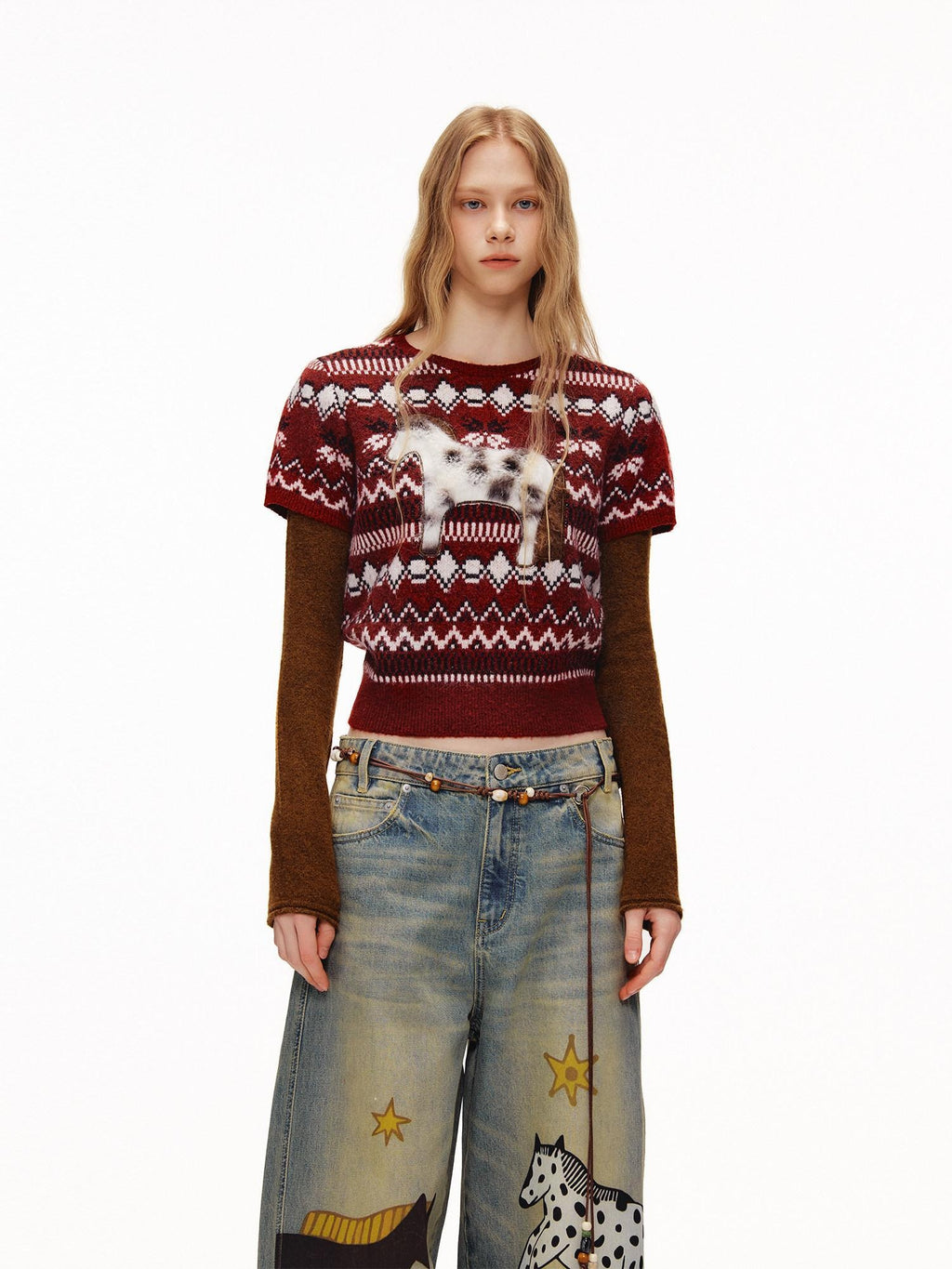 Outthe Blue Soft Knit Faux Two Piece Cropped Crew Neck Women Burgundy Animal Sweaters