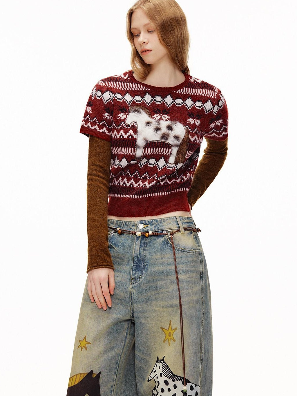 Outthe Blue Soft Knit Faux Two Piece Cropped Crew Neck Women Burgundy Animal Sweaters
