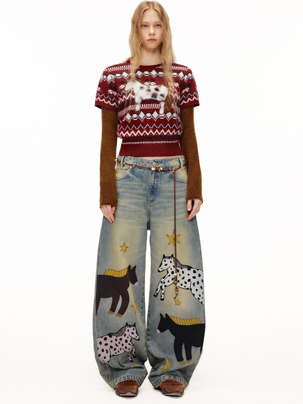 Outthe Blue Soft Knit Faux Two Piece Cropped Crew Neck Women Burgundy Animal Sweaters