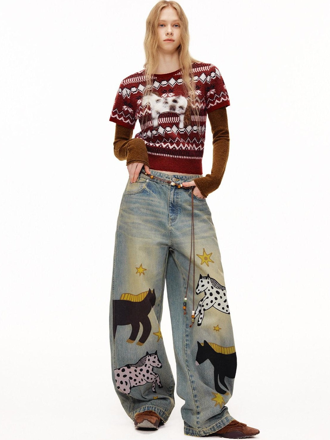 Outthe Blue Soft Knit Faux Two Piece Cropped Crew Neck Women Burgundy Animal Sweaters