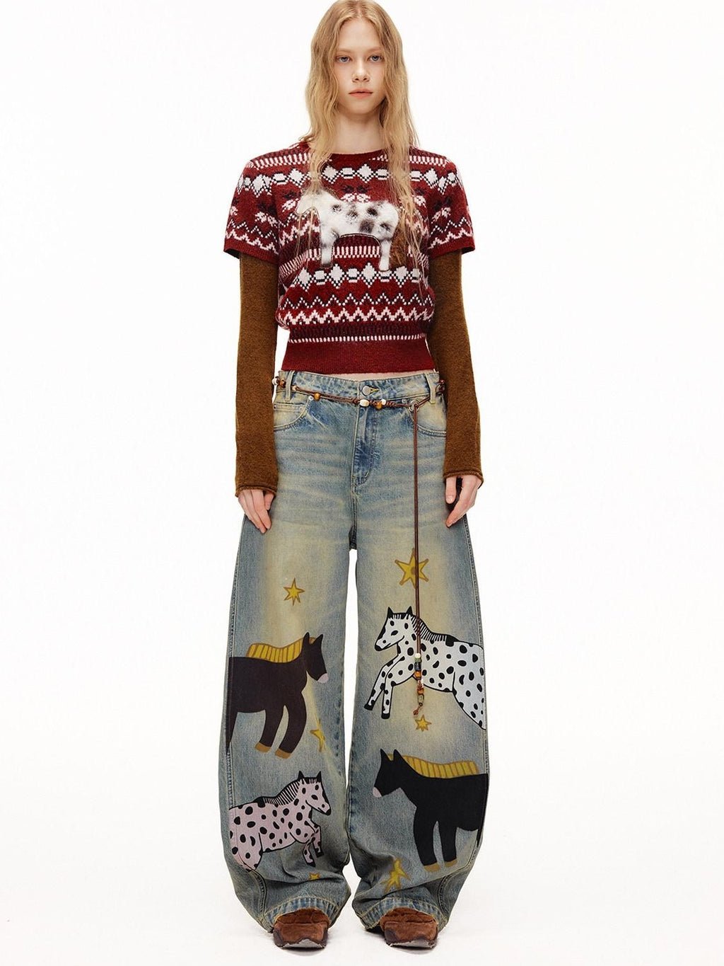 Outthe Blue Soft Knit Faux Two Piece Cropped Crew Neck Women Burgundy Animal Sweaters
