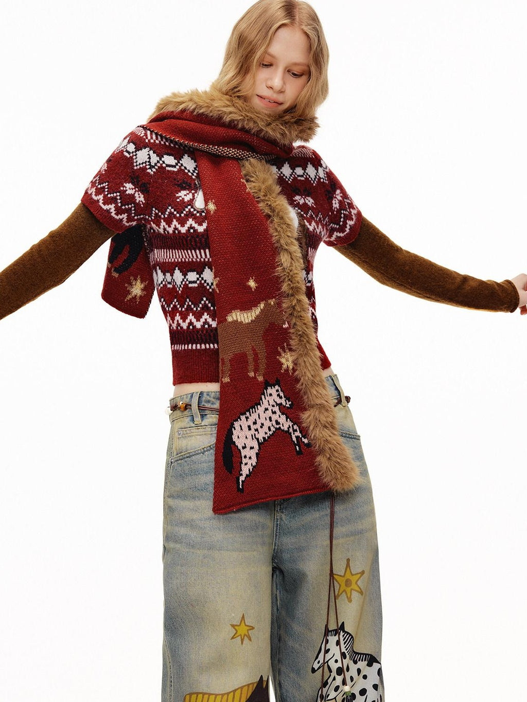 Outthe Blue Soft Knit Faux Two Piece Cropped Crew Neck Women Burgundy Animal Sweaters