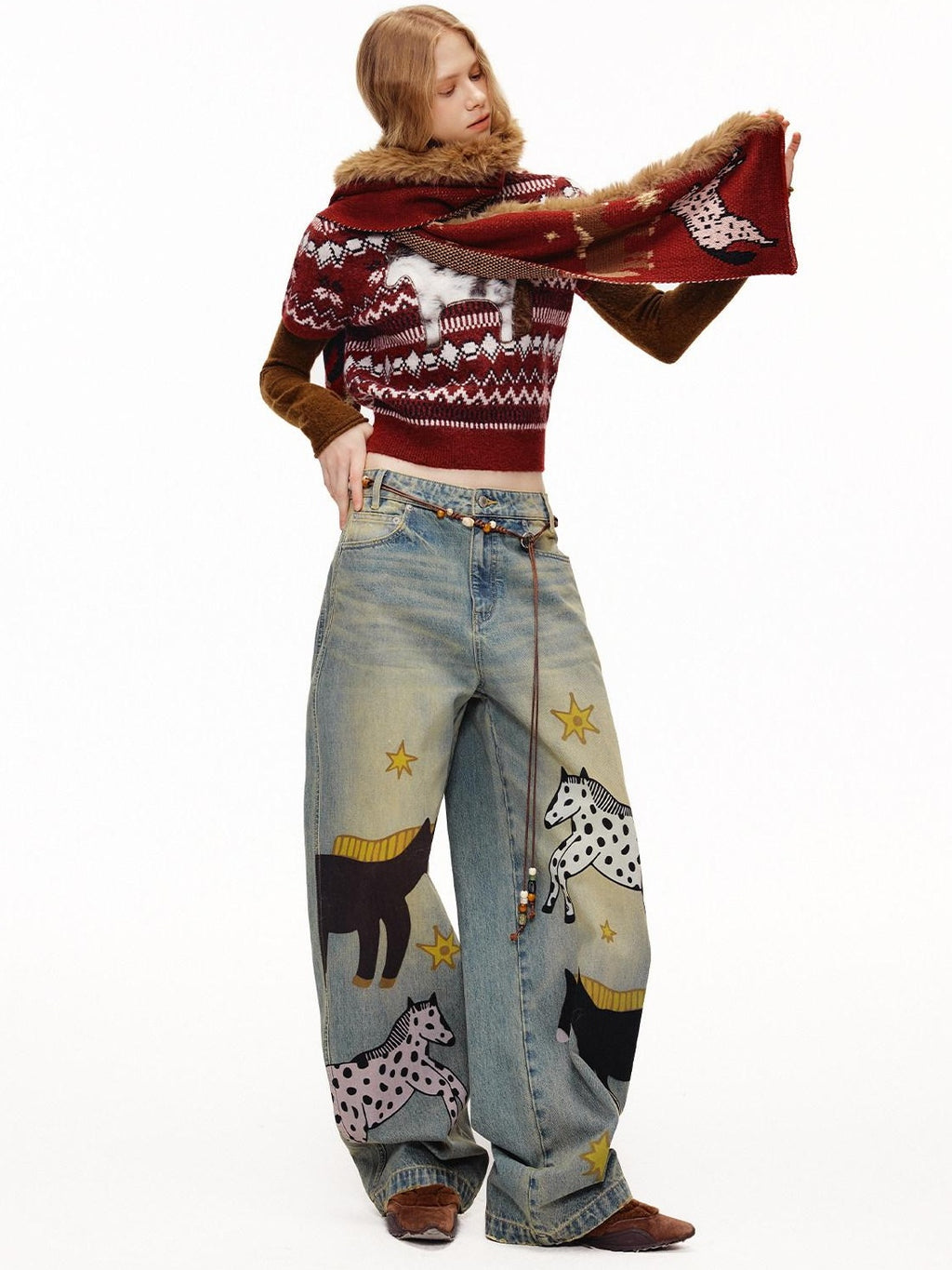 Outthe Blue Soft Knit Faux Two Piece Cropped Crew Neck Women Burgundy Animal Sweaters