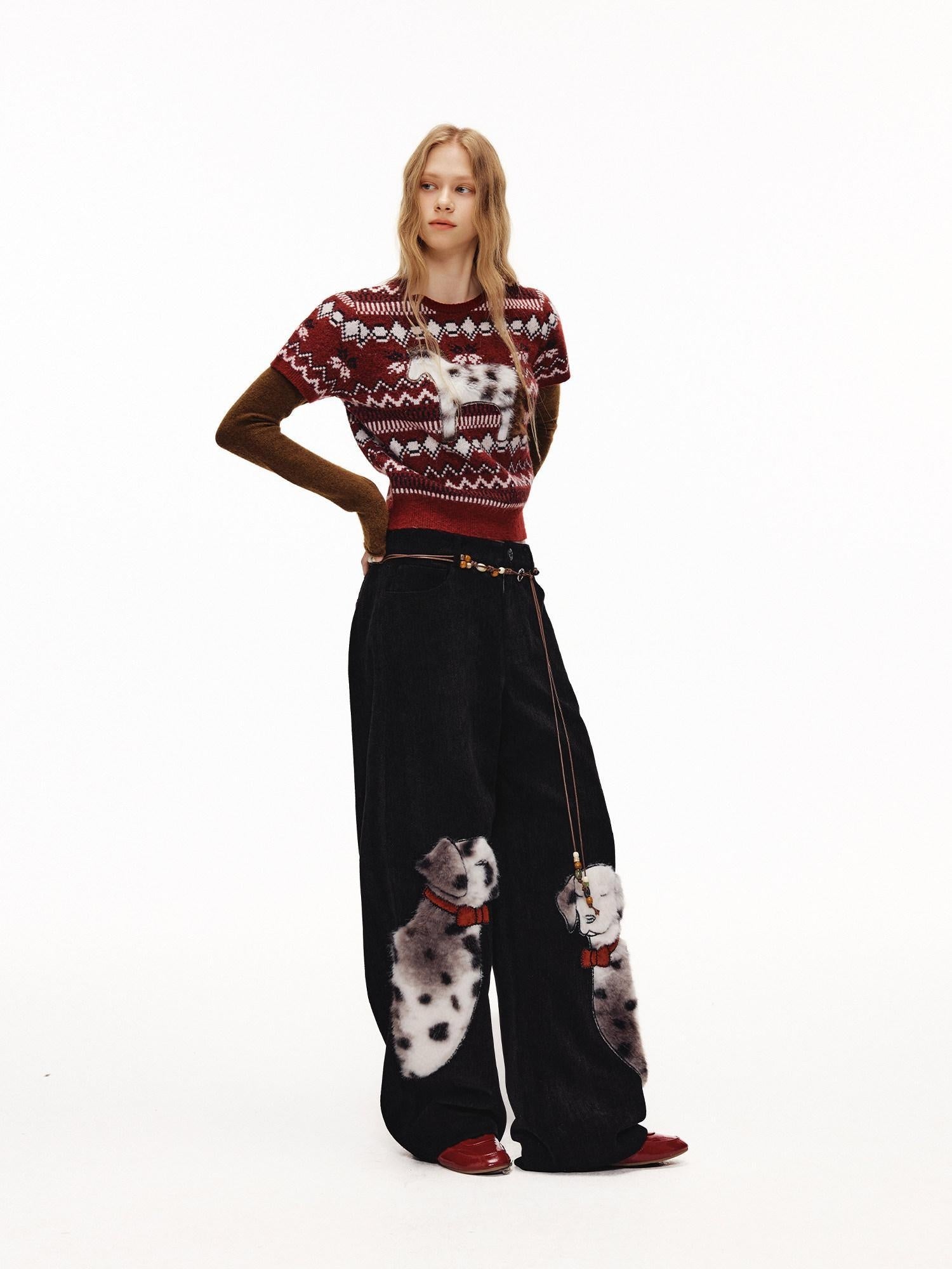Outthe Blue Soft Knit Faux Two Piece Cropped Crew Neck Women Burgundy Animal Sweaters