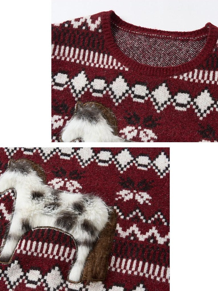 Outthe Blue Soft Knit Faux Two Piece Cropped Crew Neck Women Burgundy Animal Sweaters