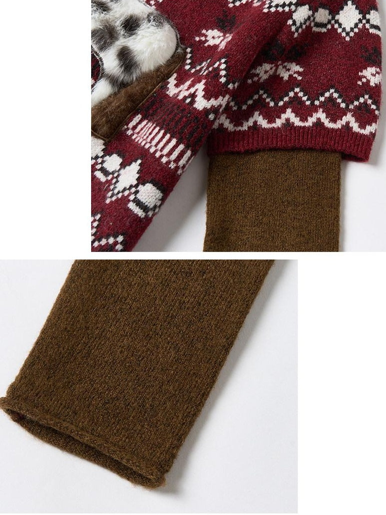 Outthe Blue Soft Knit Faux Two Piece Cropped Crew Neck Women Burgundy Animal Sweaters