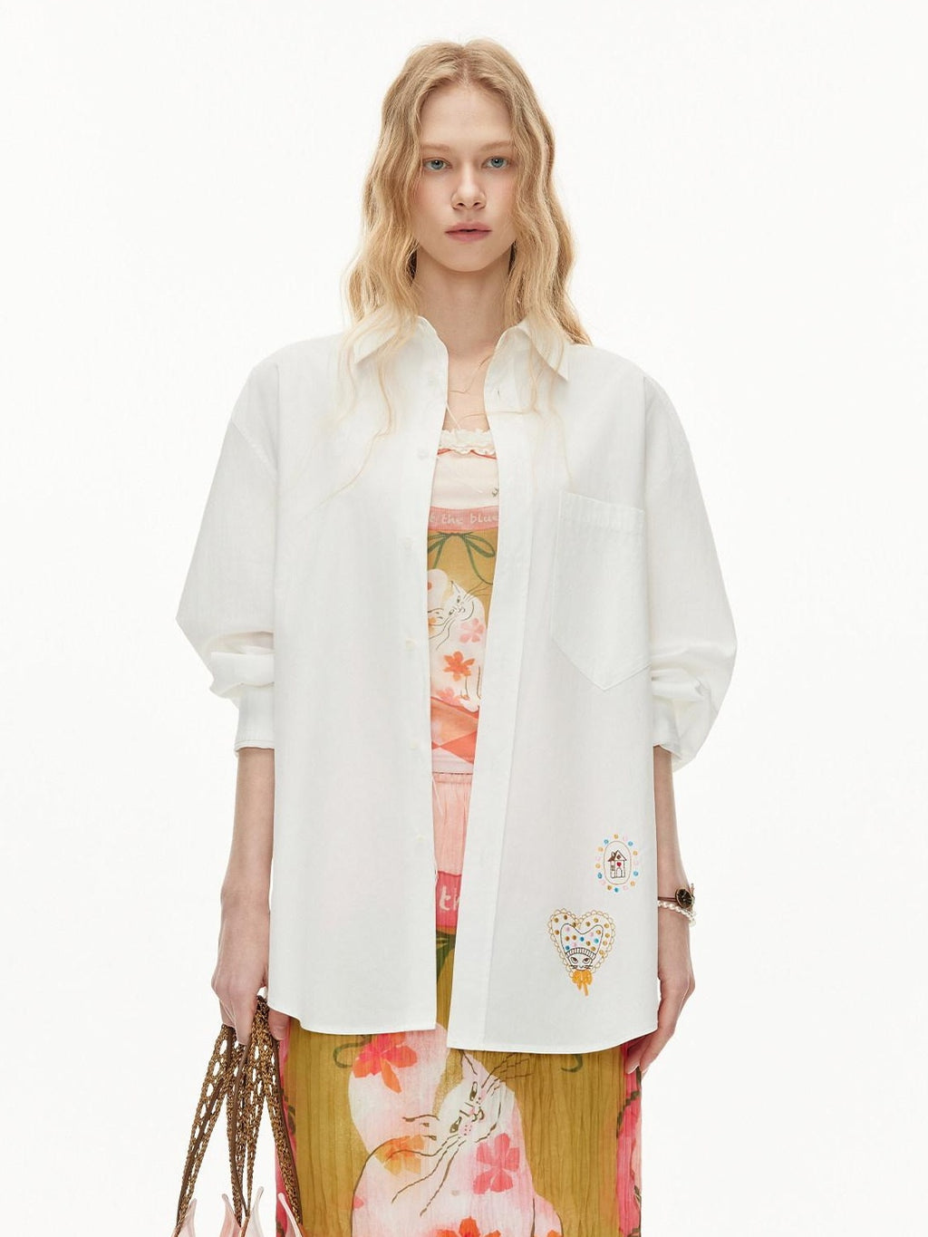 Outthe Blue Soft Lyocell Cotton Loose Mid Length Long Sleeve Embroidered Back Women Blouses