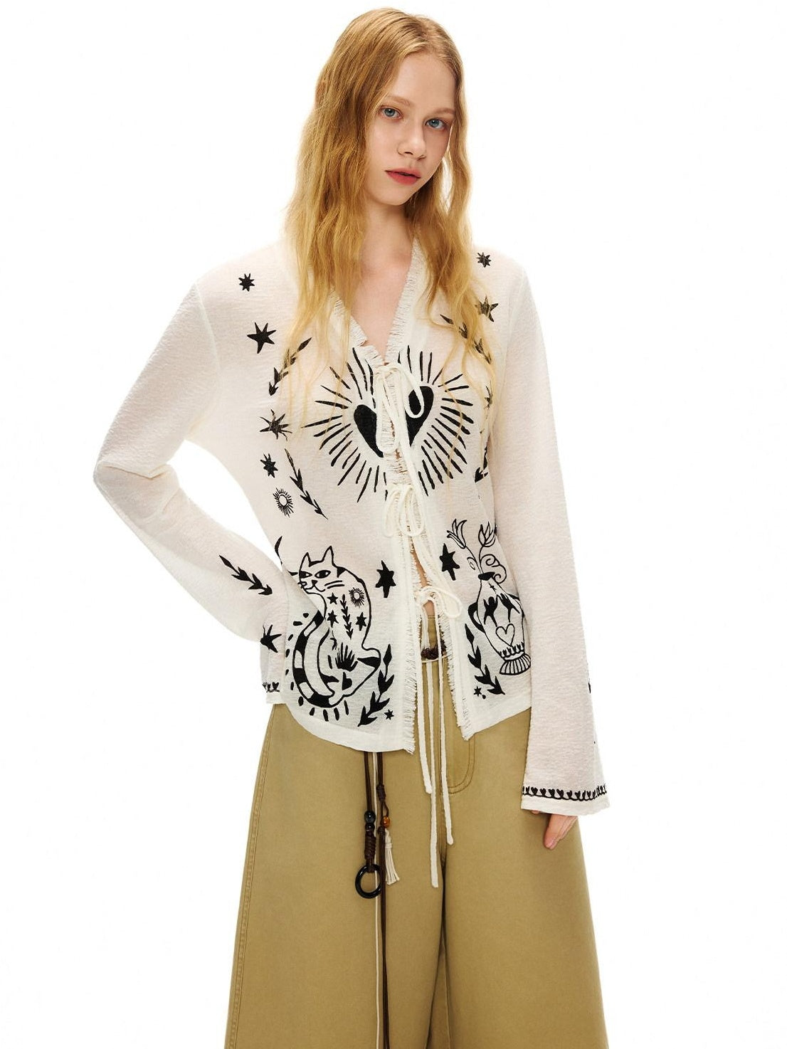 Outthe Blue Soft Lyocell Tie Front Cartoon Animal Print Longsleeve Women White Cardigans