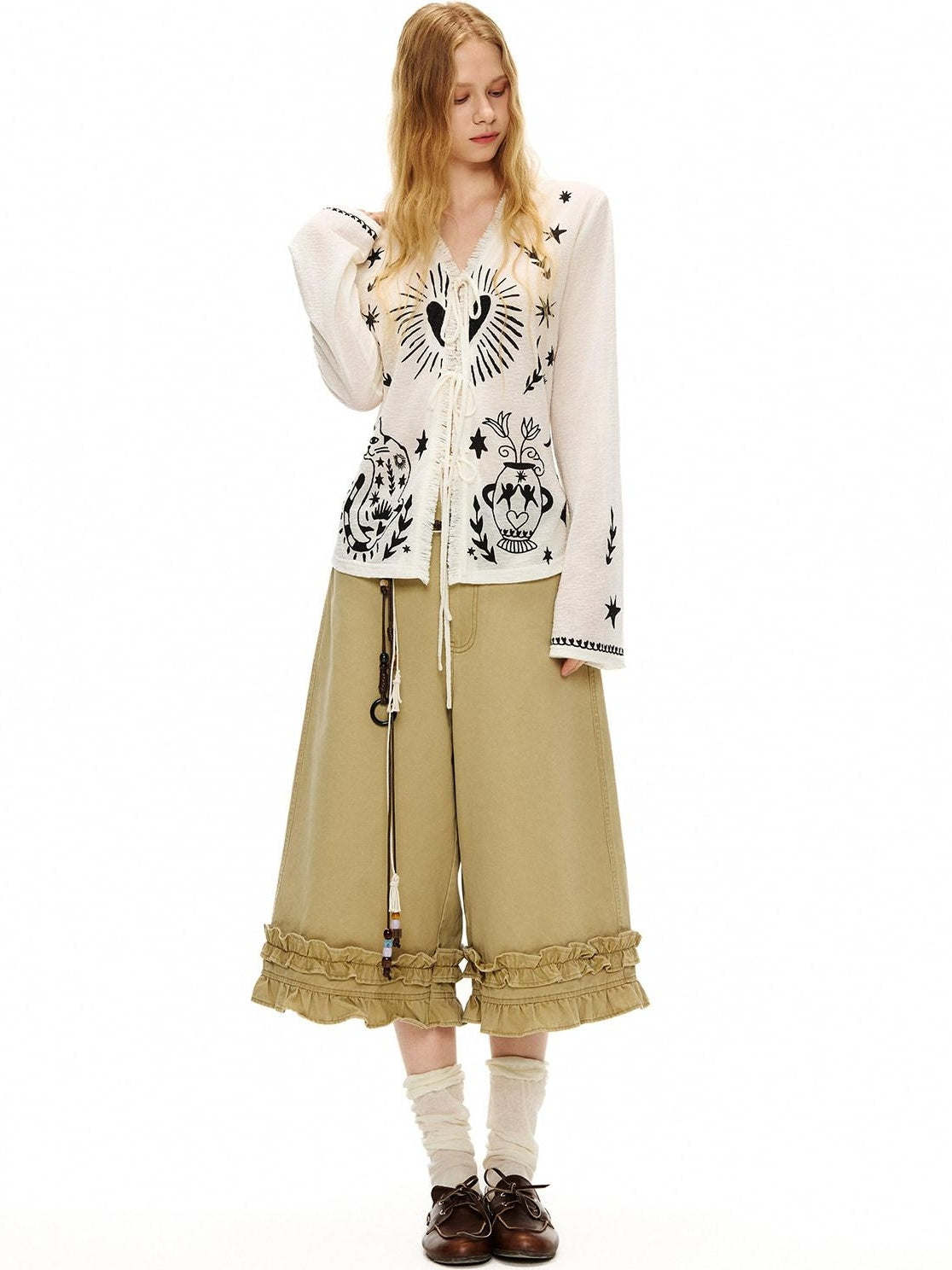 Outthe Blue Soft Lyocell Tie Front Cartoon Animal Print Longsleeve Women White Cardigans