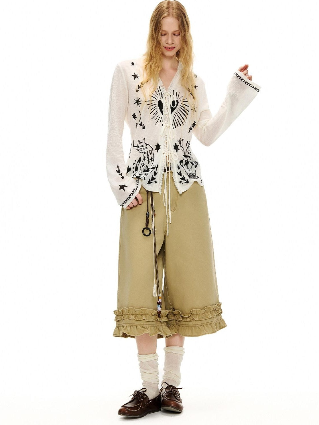 Outthe Blue Soft Lyocell Tie Front Cartoon Animal Print Longsleeve Women White Cardigans