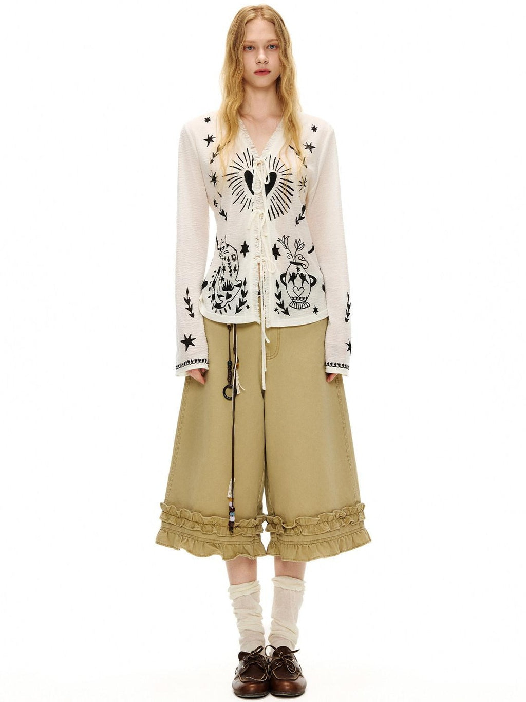 Outthe Blue Soft Lyocell Tie Front Cartoon Animal Print Longsleeve Women White Cardigans