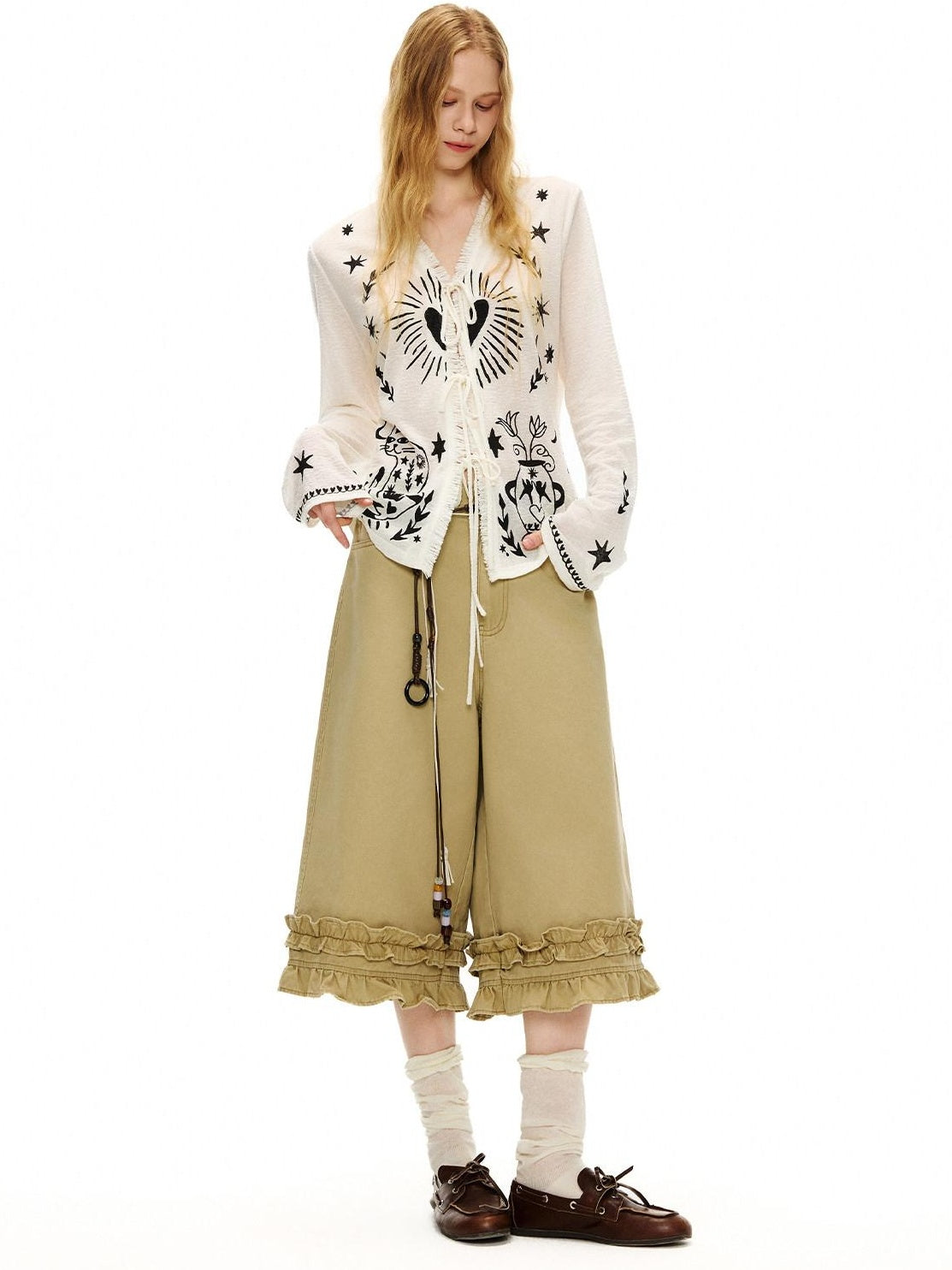 Outthe Blue Soft Lyocell Tie Front Cartoon Animal Print Longsleeve Women White Cardigans