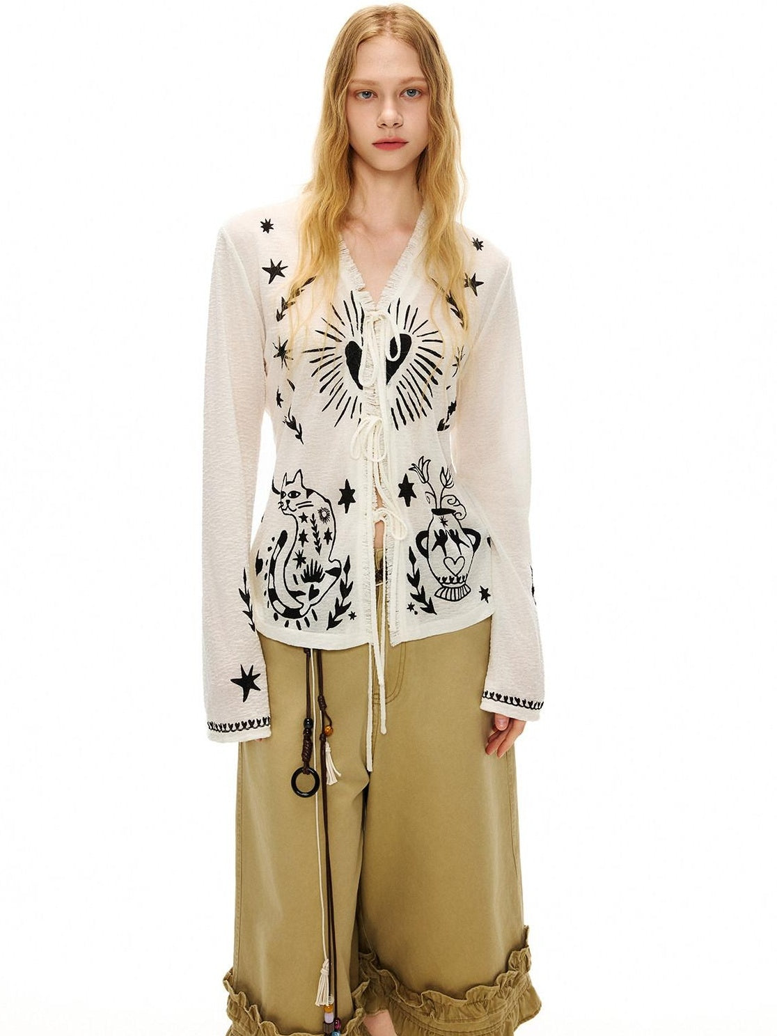 Outthe Blue Soft Lyocell Tie Front Cartoon Animal Print Longsleeve Women White Cardigans