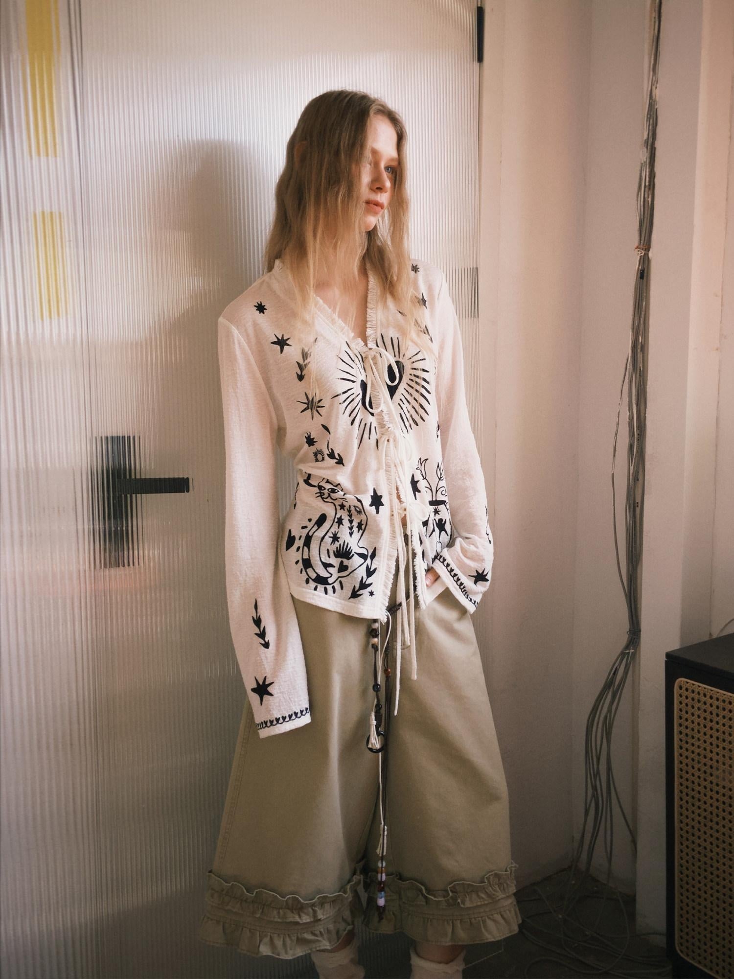 Outthe Blue Soft Lyocell Tie Front Cartoon Animal Print Longsleeve Women White Cardigans