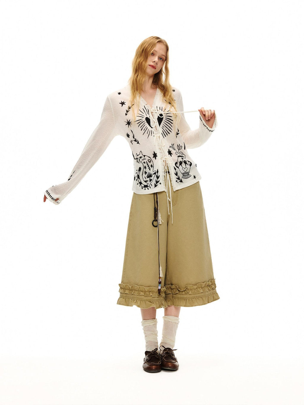 Outthe Blue Soft Lyocell Tie Front Cartoon Animal Print Longsleeve Women White Cardigans
