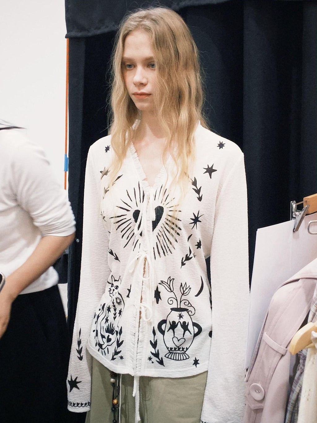 Outthe Blue Soft Lyocell Tie Front Cartoon Animal Print Longsleeve Women White Cardigans