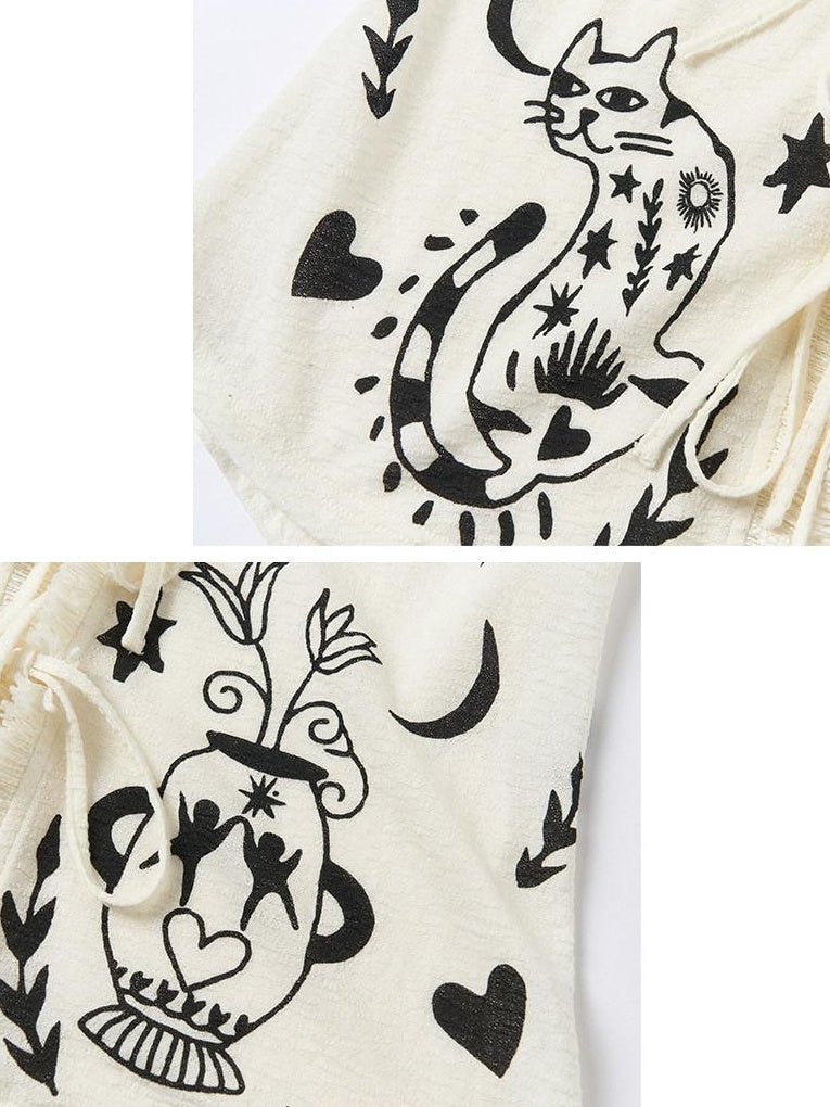 Outthe Blue Soft Lyocell Tie Front Cartoon Animal Print Longsleeve Women White Cardigans