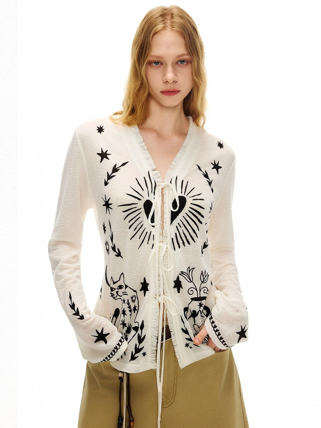 Outthe Blue Soft Lyocell Tie Front Cartoon Animal Print Longsleeve Women White Cardigans