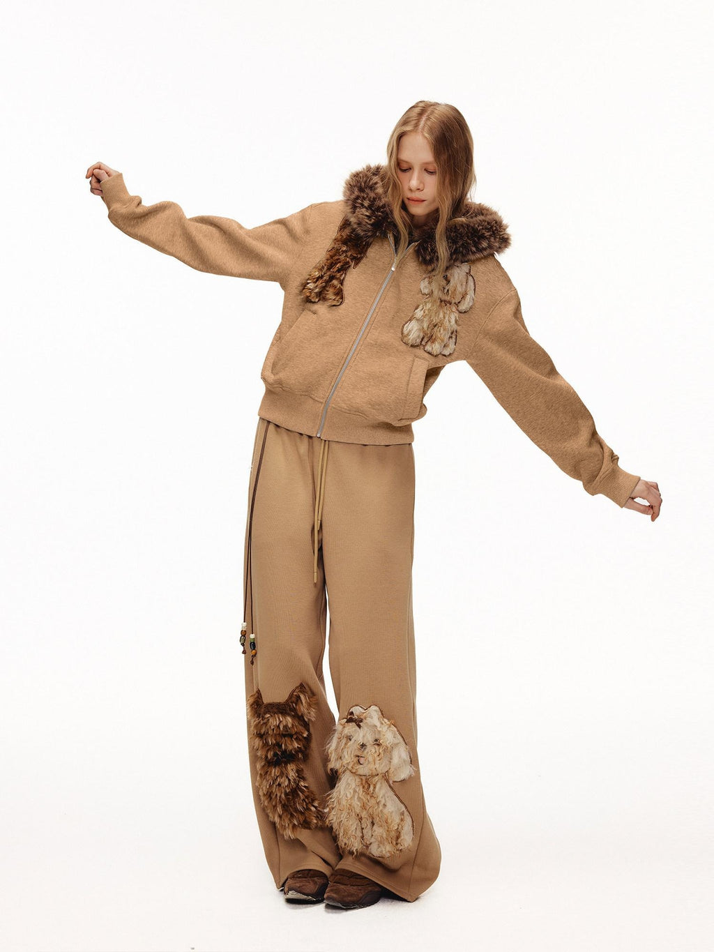 Outthe Blue Soft Poly Cotton Blend Loose Fit Zip Up Hooded Commuter Anime Print Camel Hoodie