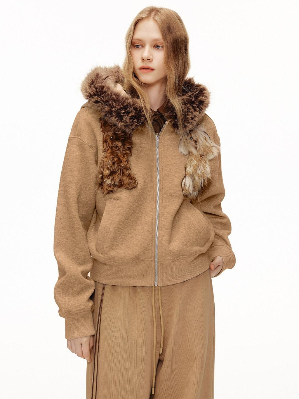 Outthe Blue Soft Poly Cotton Blend Loose Fit Zip Up Hooded Commuter Anime Print Camel Hoodie
