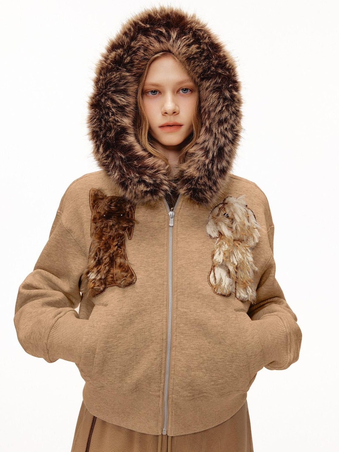 Outthe Blue Soft Poly Cotton Blend Loose Fit Zip Up Hooded Commuter Anime Print Camel Hoodie