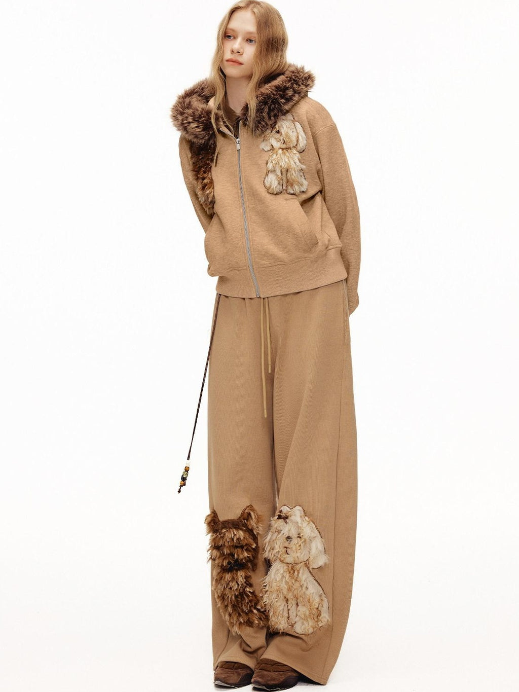 Outthe Blue Soft Poly Cotton Blend Loose Fit Zip Up Hooded Commuter Anime Print Camel Hoodie