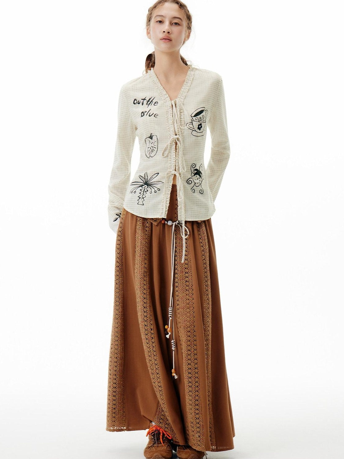 Outthe Blue Soft Polyester Slim Tie V-neck Casual Long Sleeve Cartoon Print Womens Cardigans