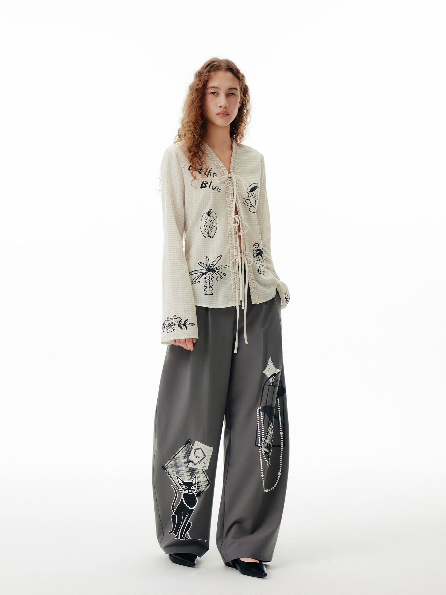 Outthe Blue Soft Polyester Slim Tie V-neck Casual Long Sleeve Cartoon Print Womens Cardigans