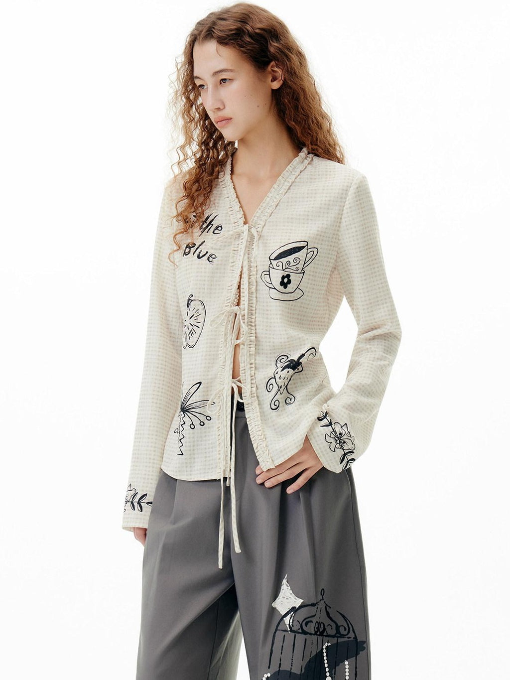 Outthe Blue Soft Polyester Slim Tie V-neck Casual Long Sleeve Cartoon Print Womens Cardigans