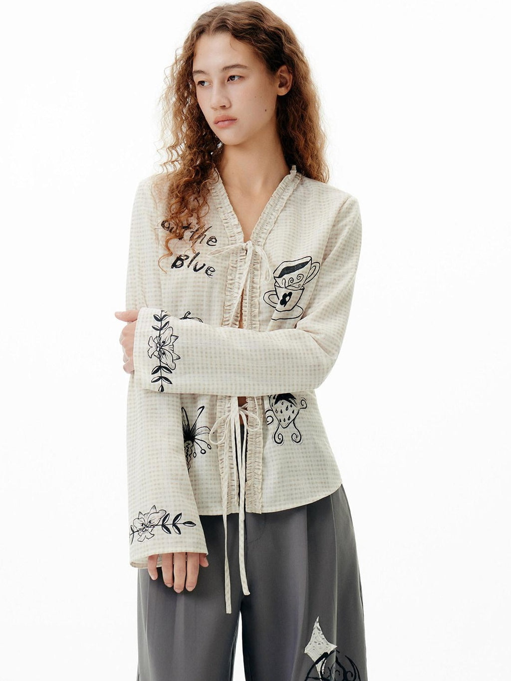 Outthe Blue Soft Polyester Slim Tie V-neck Casual Long Sleeve Cartoon Print Womens Cardigans