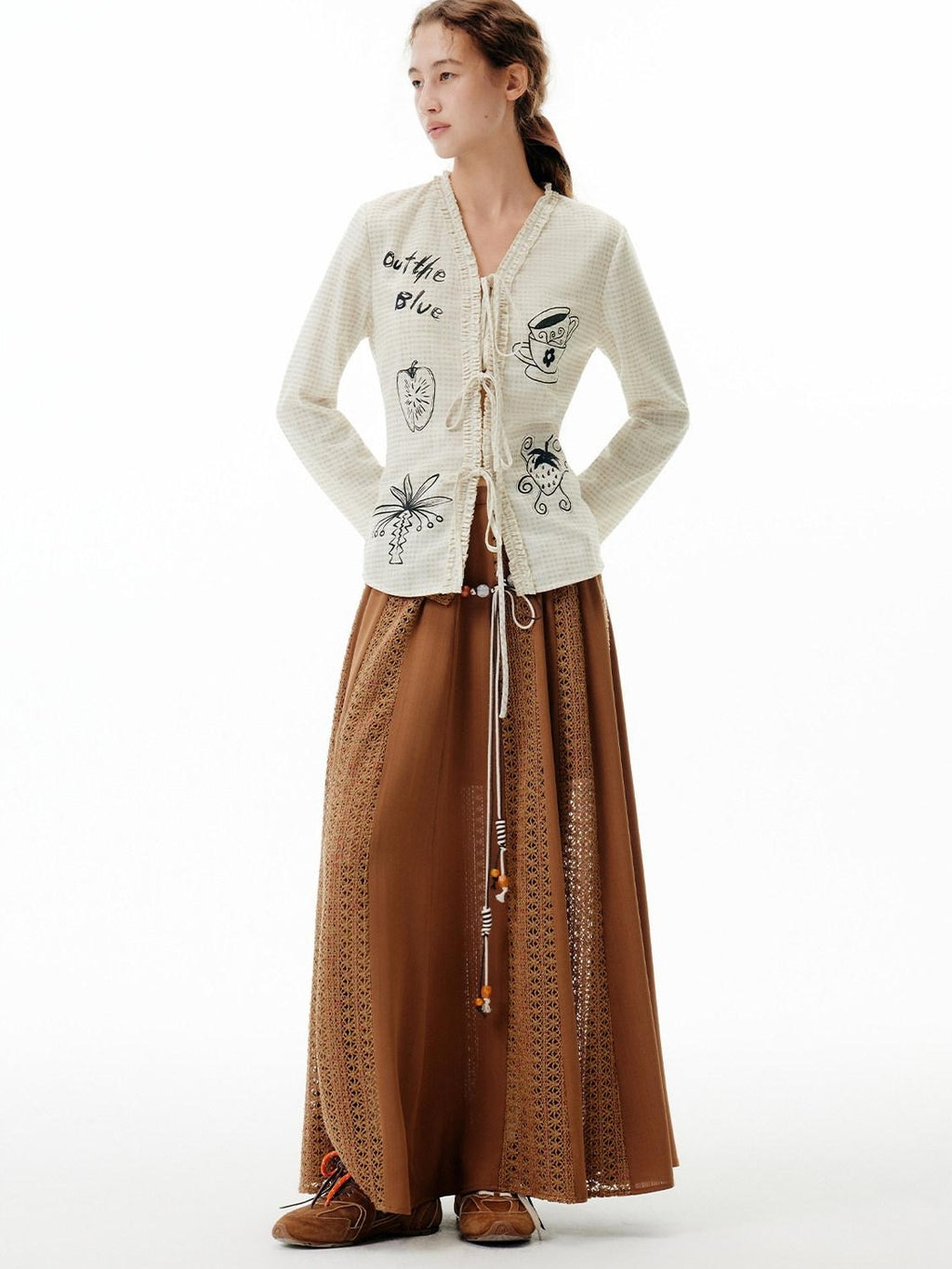 Outthe Blue Soft Polyester Slim Tie V-neck Casual Long Sleeve Cartoon Print Womens Cardigans