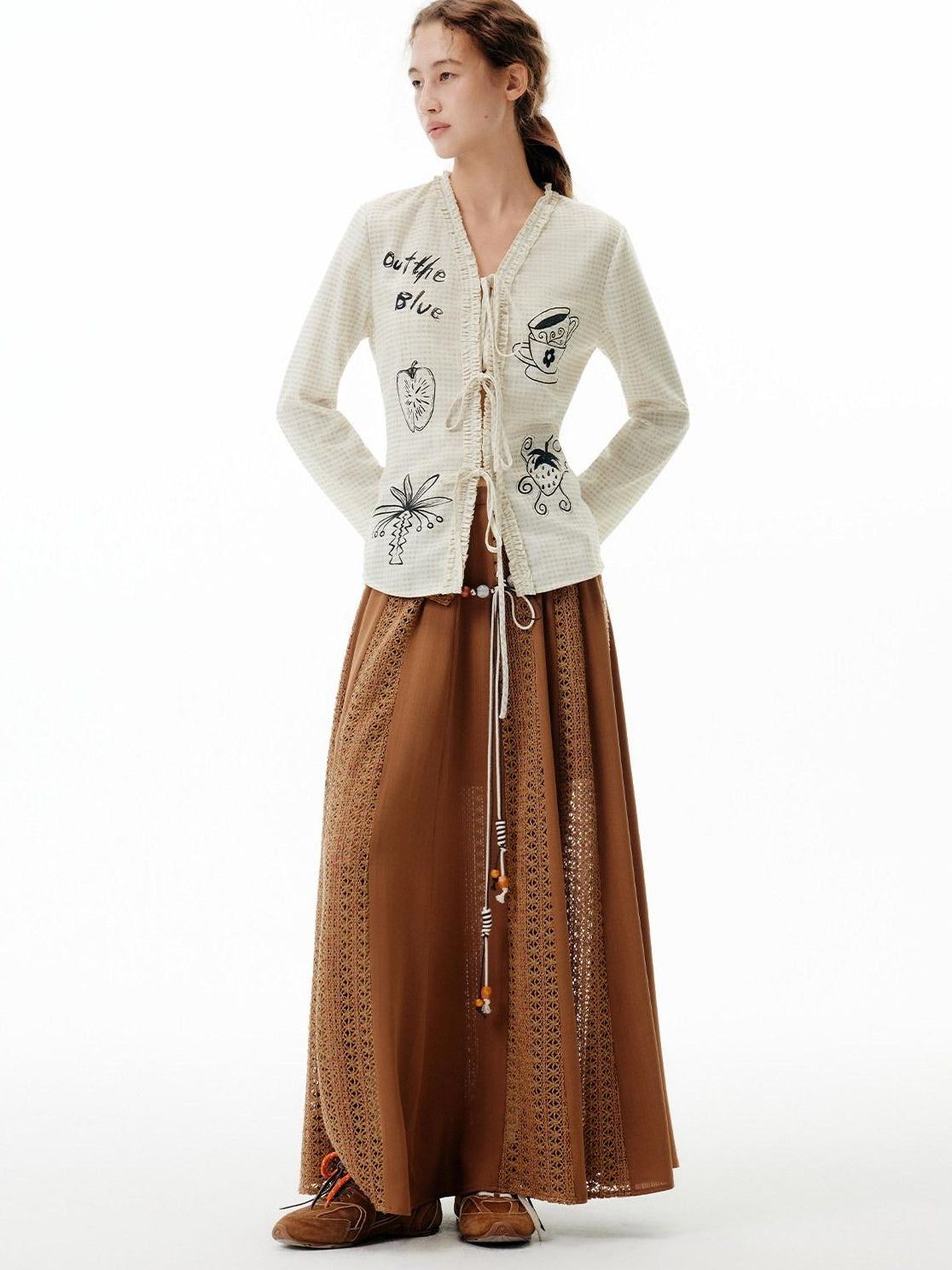 Outthe Blue Soft Polyester Slim Tie V-neck Casual Long Sleeve Cartoon Print Womens Cardigans