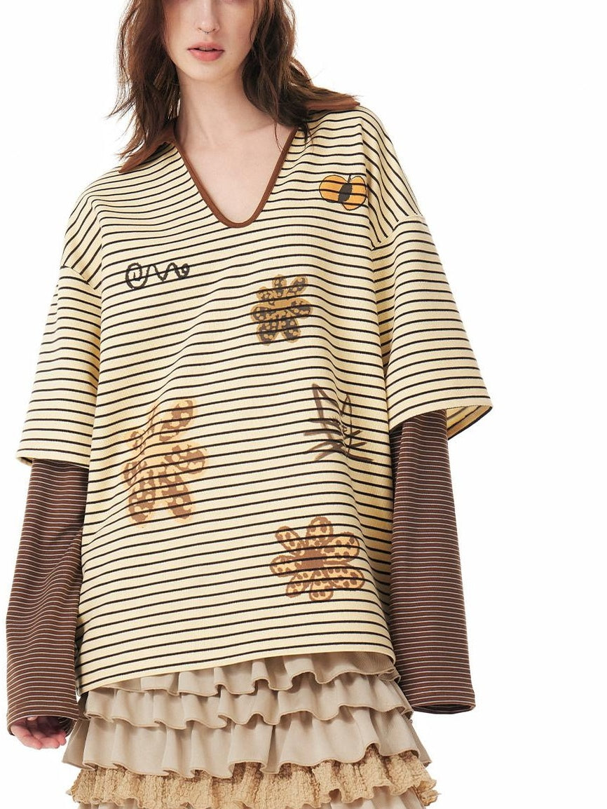 Outthe Blue Soft Stretch Artistic Striped V-neck Loose Fit Casual Women Long Sleeve T-Shirts