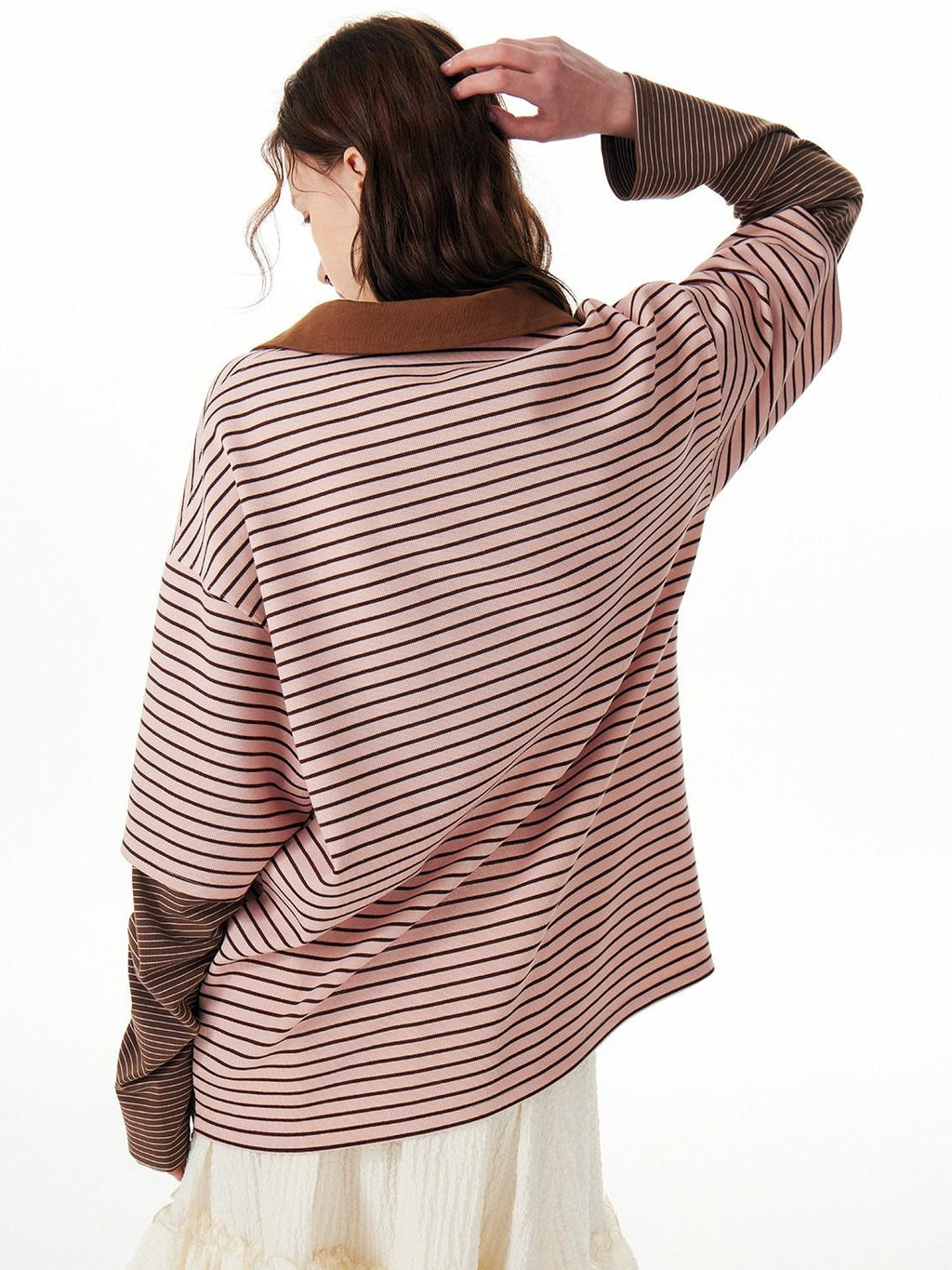 Outthe Blue Soft Stretch Artistic Striped V-neck Loose Fit Casual Women Long Sleeve T-Shirts