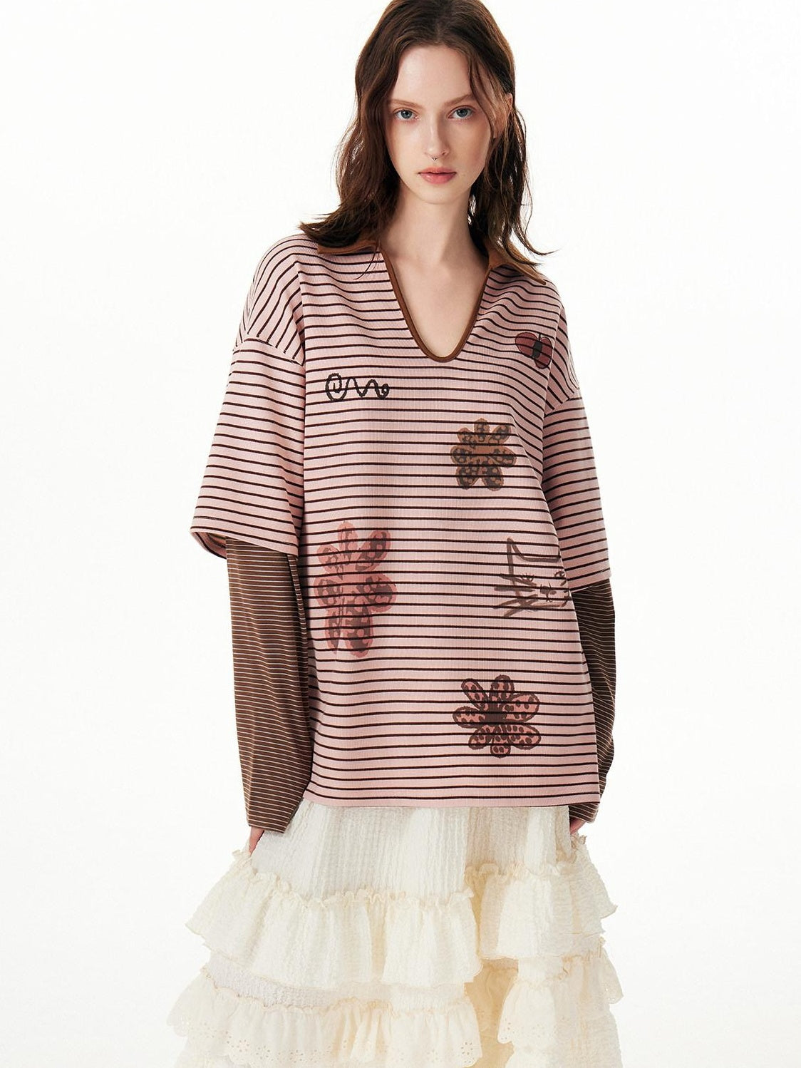 Outthe Blue Soft Stretch Artistic Striped V-neck Loose Fit Casual Women Long Sleeve T-Shirts