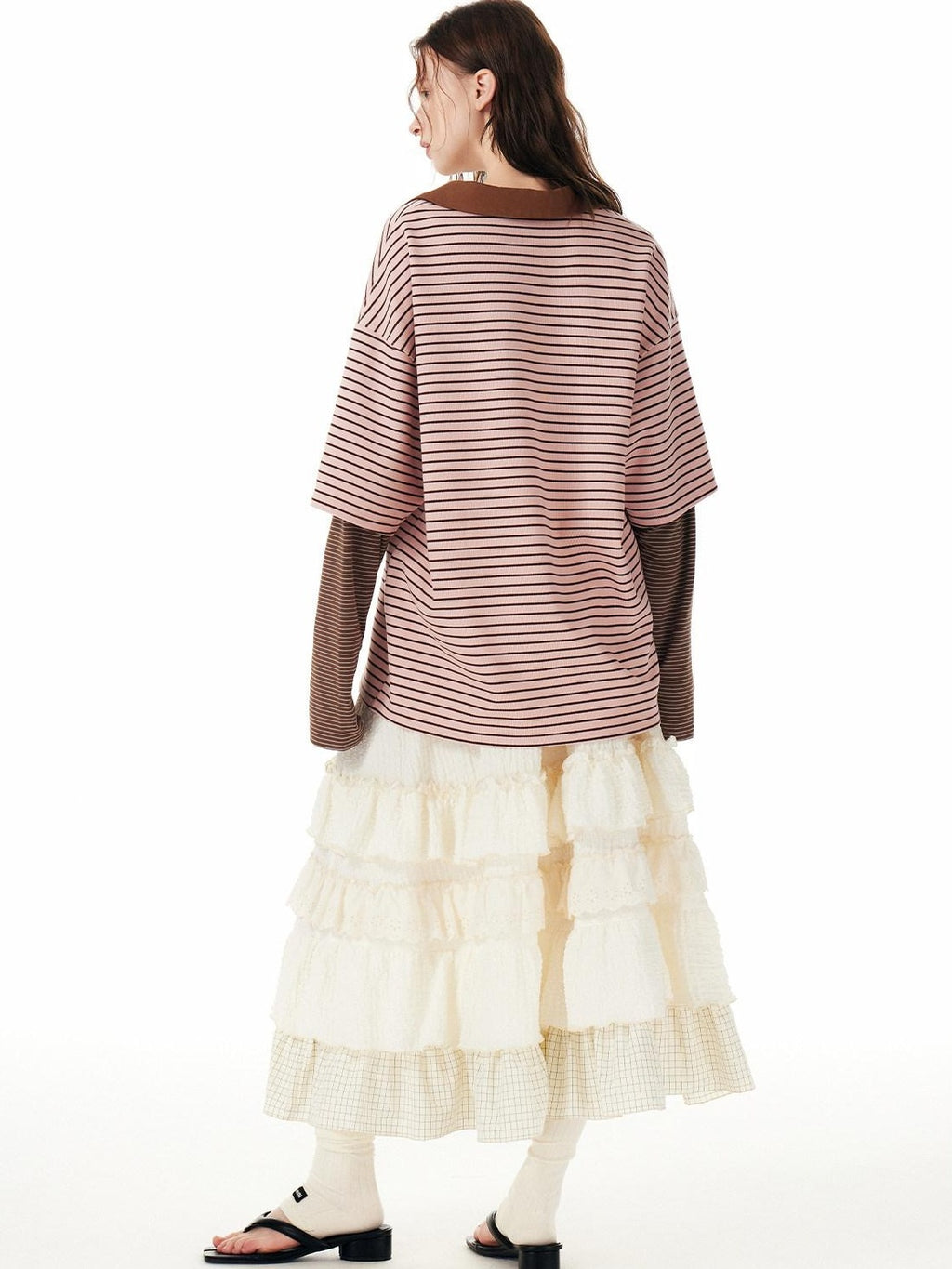 Outthe Blue Soft Stretch Artistic Striped V-neck Loose Fit Casual Women Long Sleeve T-Shirts