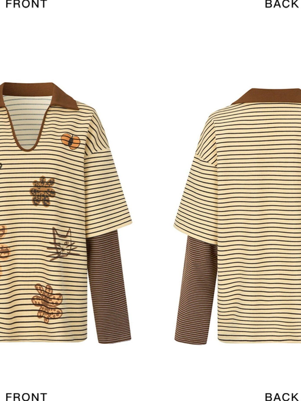 Outthe Blue Soft Stretch Artistic Striped V-neck Loose Fit Casual Women Long Sleeve T-Shirts
