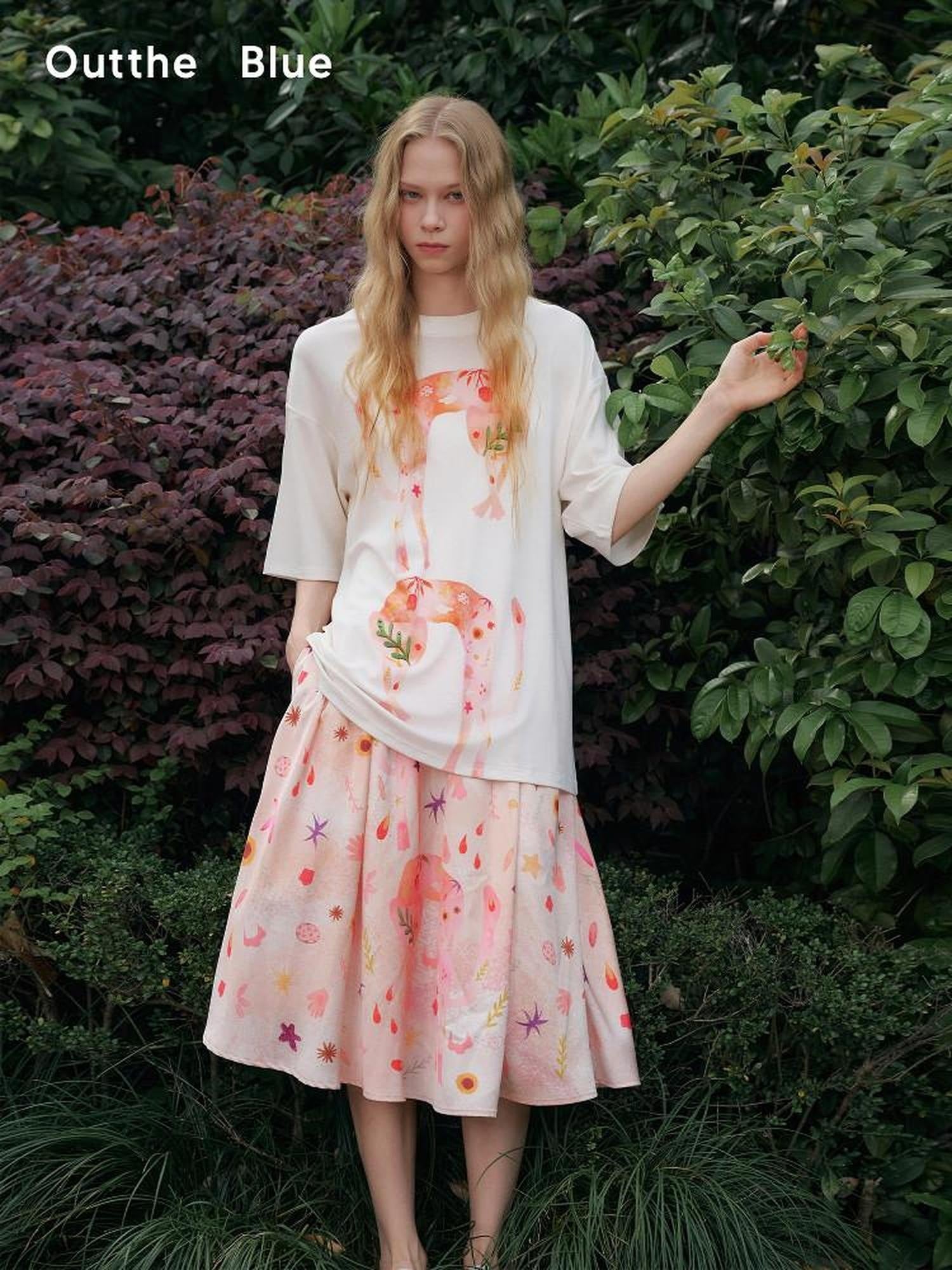 Outthe Blue Soft Tencel Round Neck Two Piece White Tee Pink Orange Skirt Top & Skirt Sets
